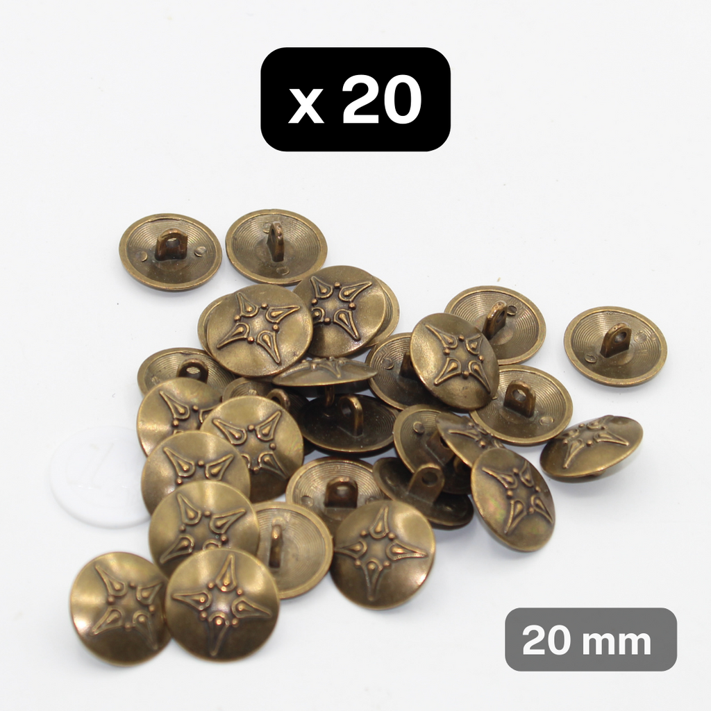 20 Pieces Old Brass Military Zamak Metal Shank Buttons Size 20mm